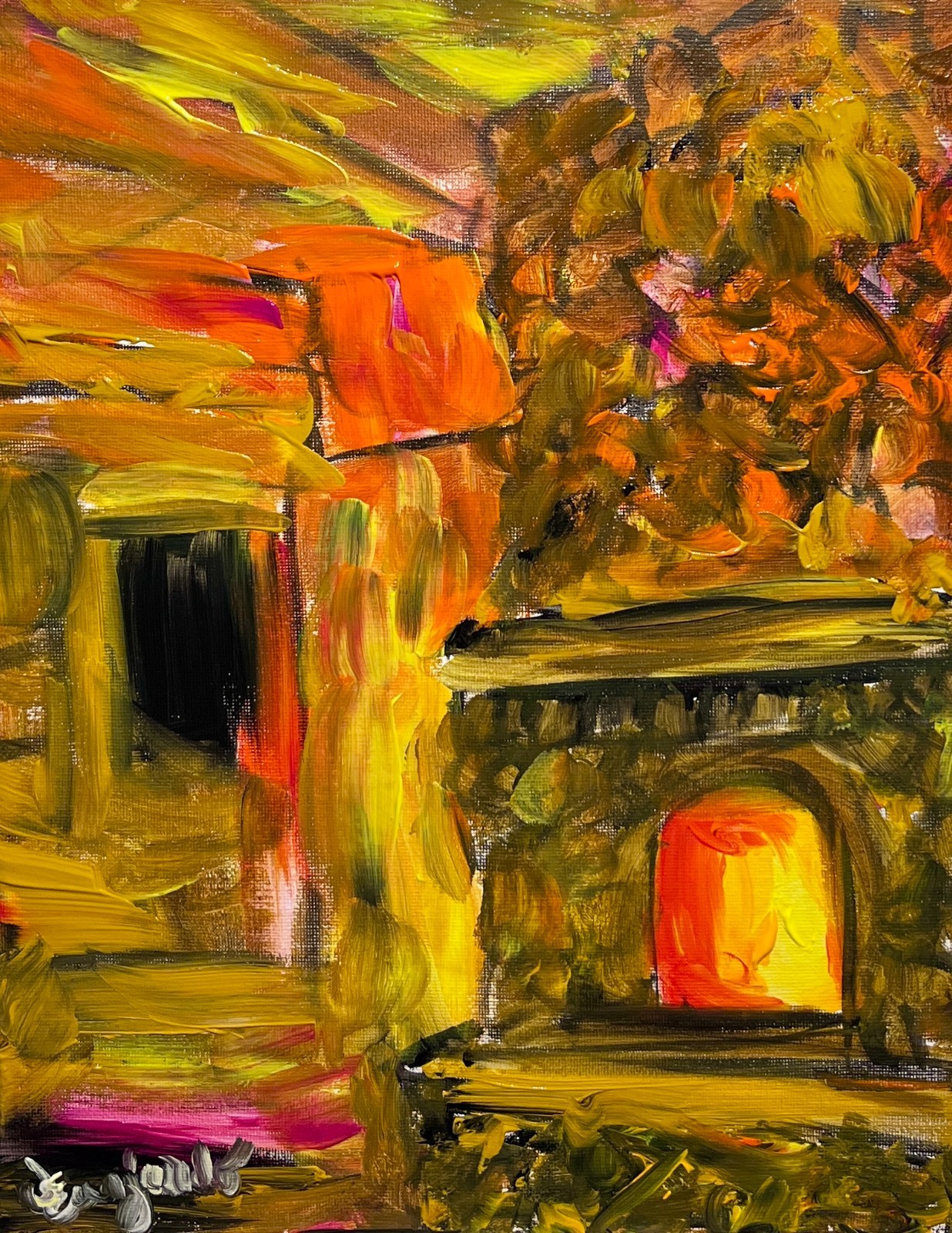 Guajardo Art: Fireplace 14X11 Original Canvas Whimsical Expressionism