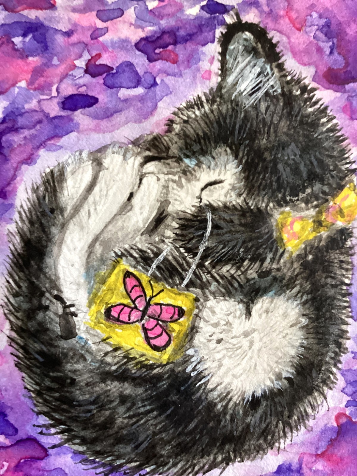 tuxedo kitten with purse watercolor original painting ACEO