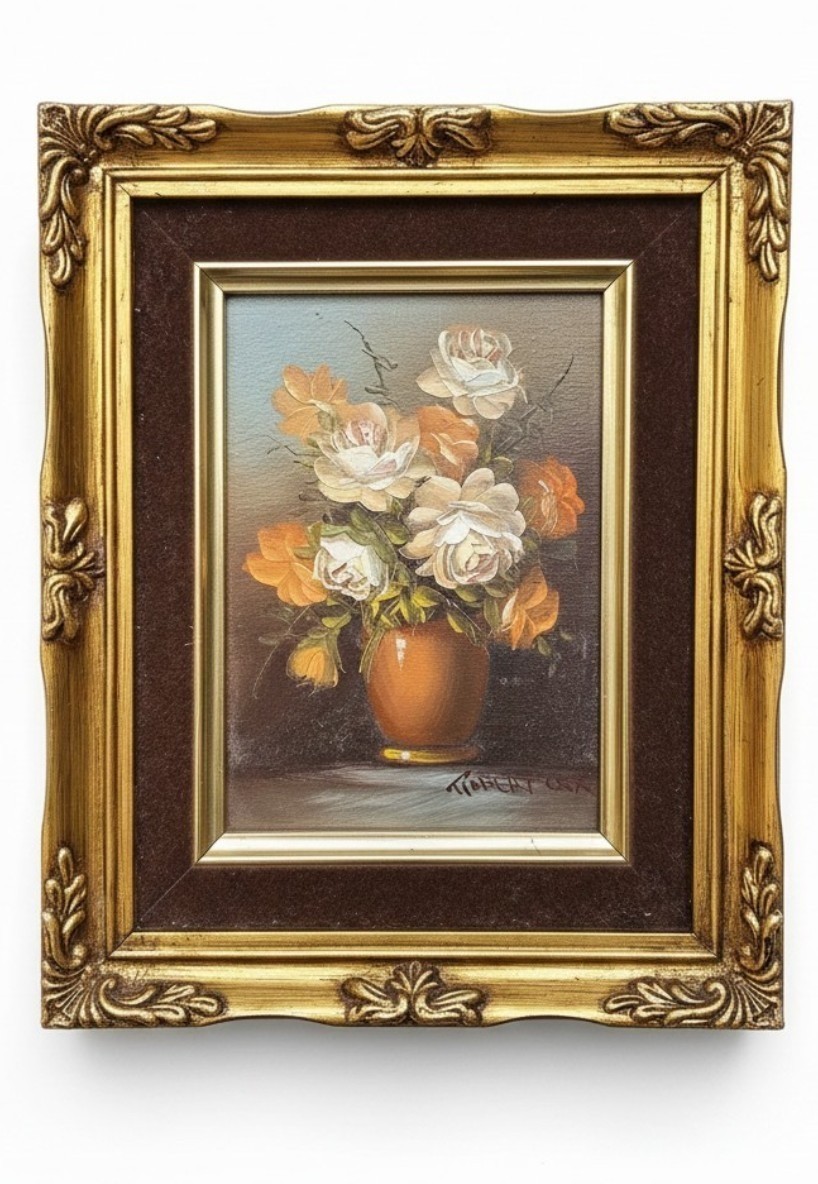 Vintage Robert Cox Floral Still Life Oil Painting Framed Roses Mini Art – 10×8