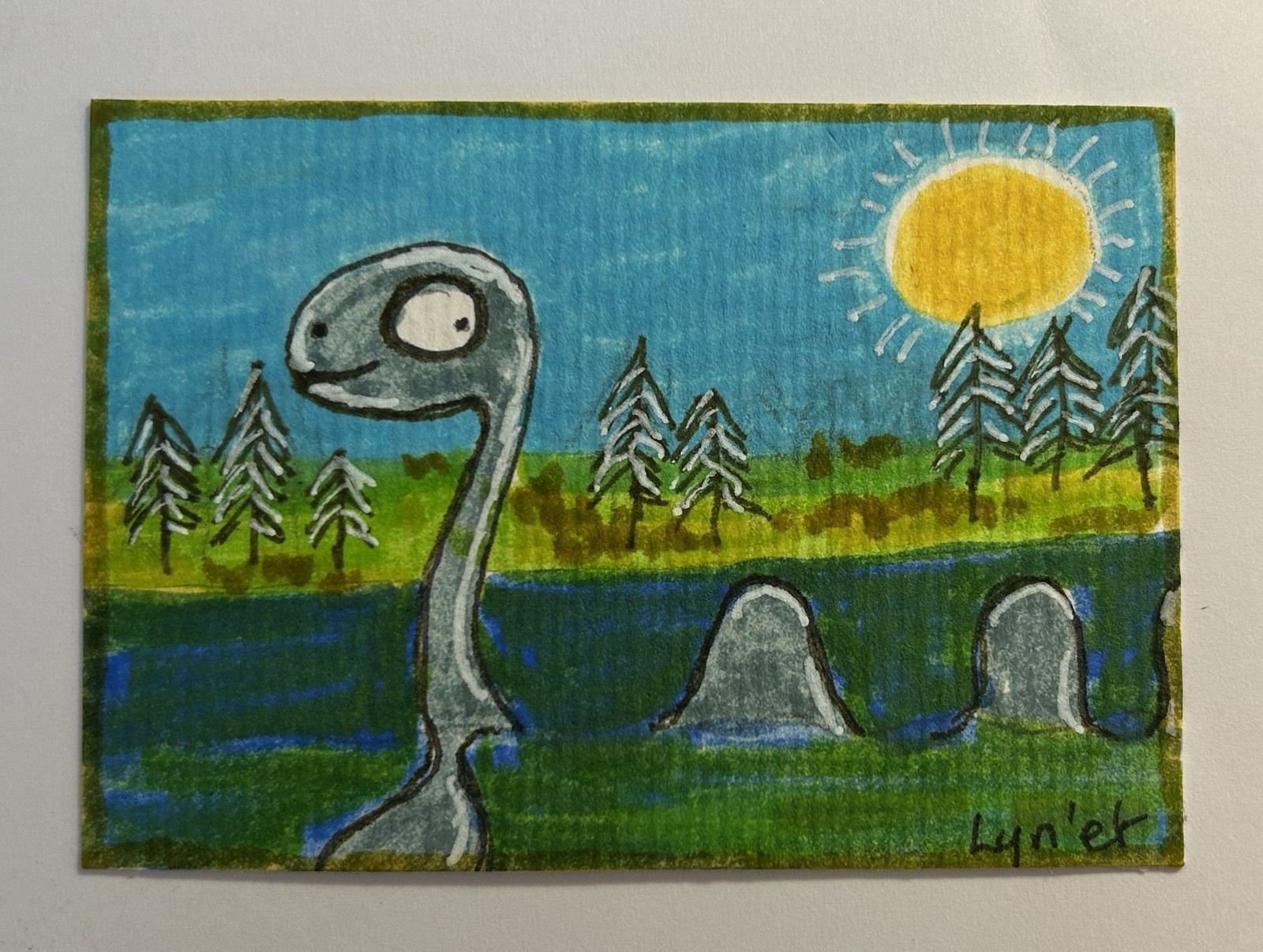 ACEO Original Miniature By Lyn’et – ‘Nessie, Lockness Monster’ 2.5X3.5”