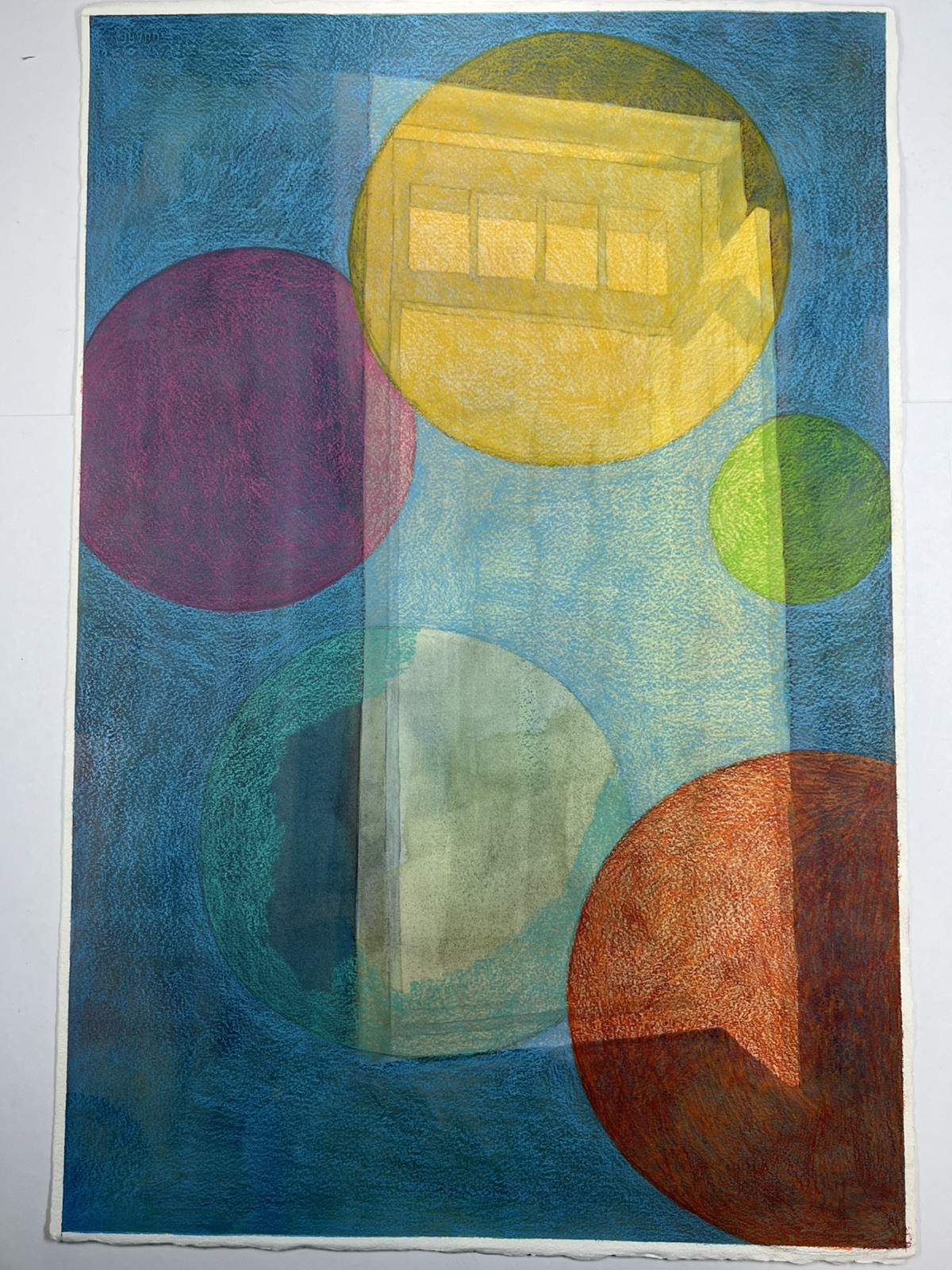 Mixed Media Painting Floating Door & Spheres In Space 22×15” Surreal Folk Art