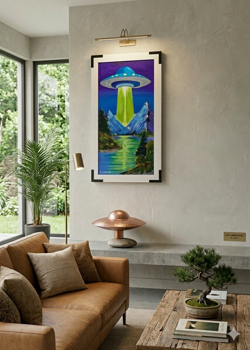 Original SciFi UFO Painting Acrylic Canvas Alien Wall Art 12×24