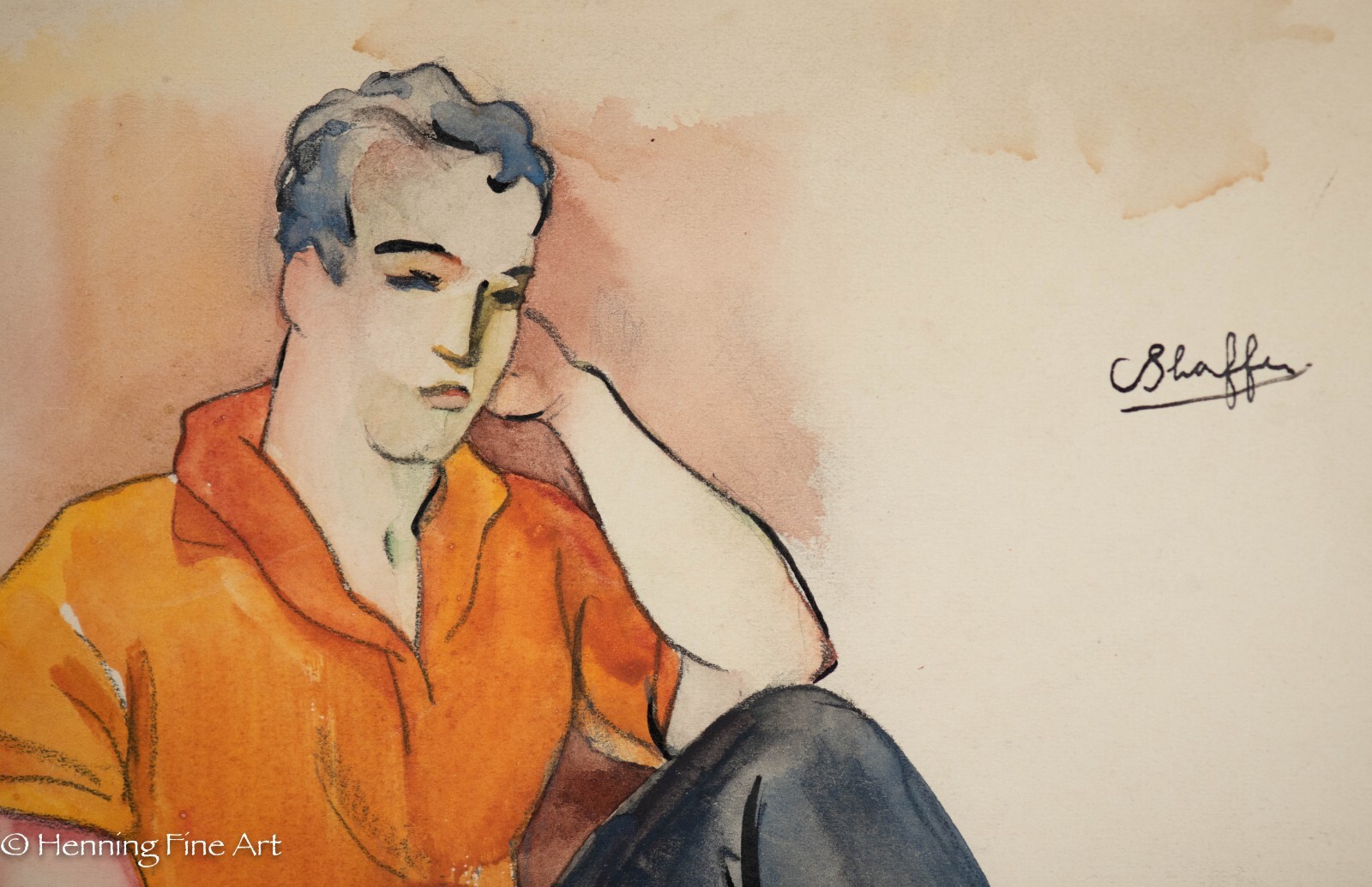 Beautiful Vintage Carl Shaffer Impressionist Painting Man in Orange WPA 30