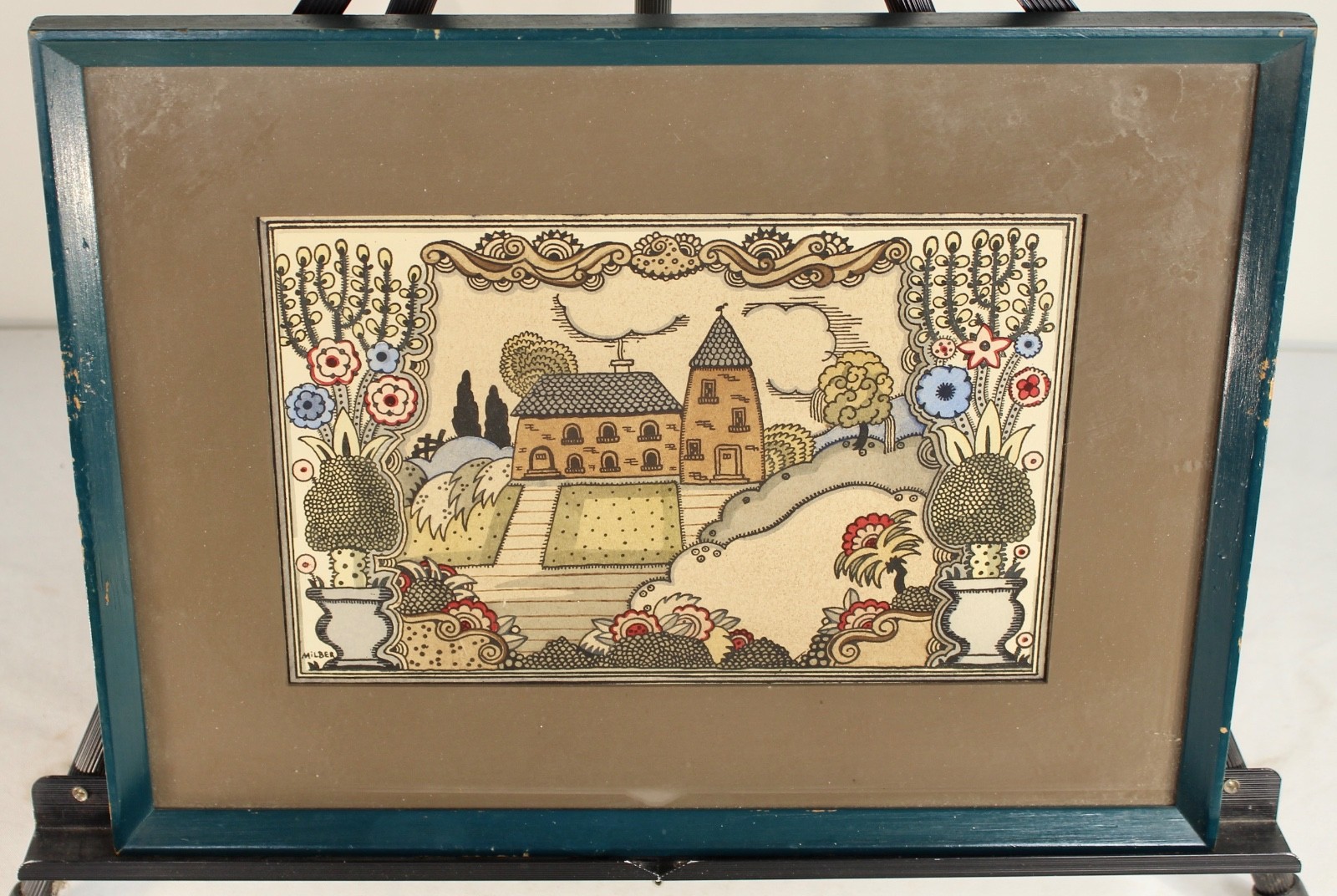 Vintage Woodblock Print Art Signed MILBER Folk Art #1 House Flowers Framed