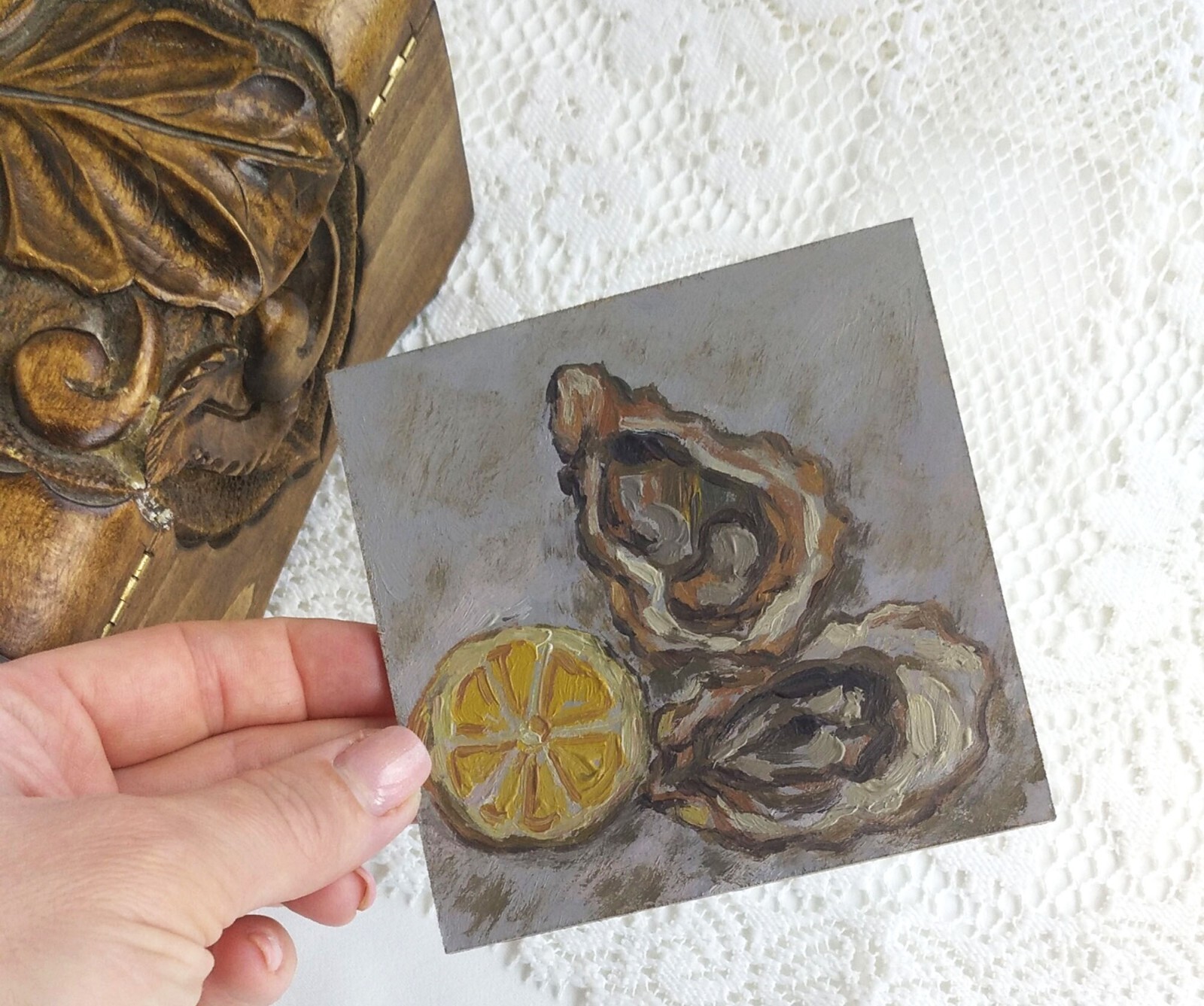 Oyster Oil Painting,Seafood Original Art,Kitchen Wall Decor,Handpainted Artwork