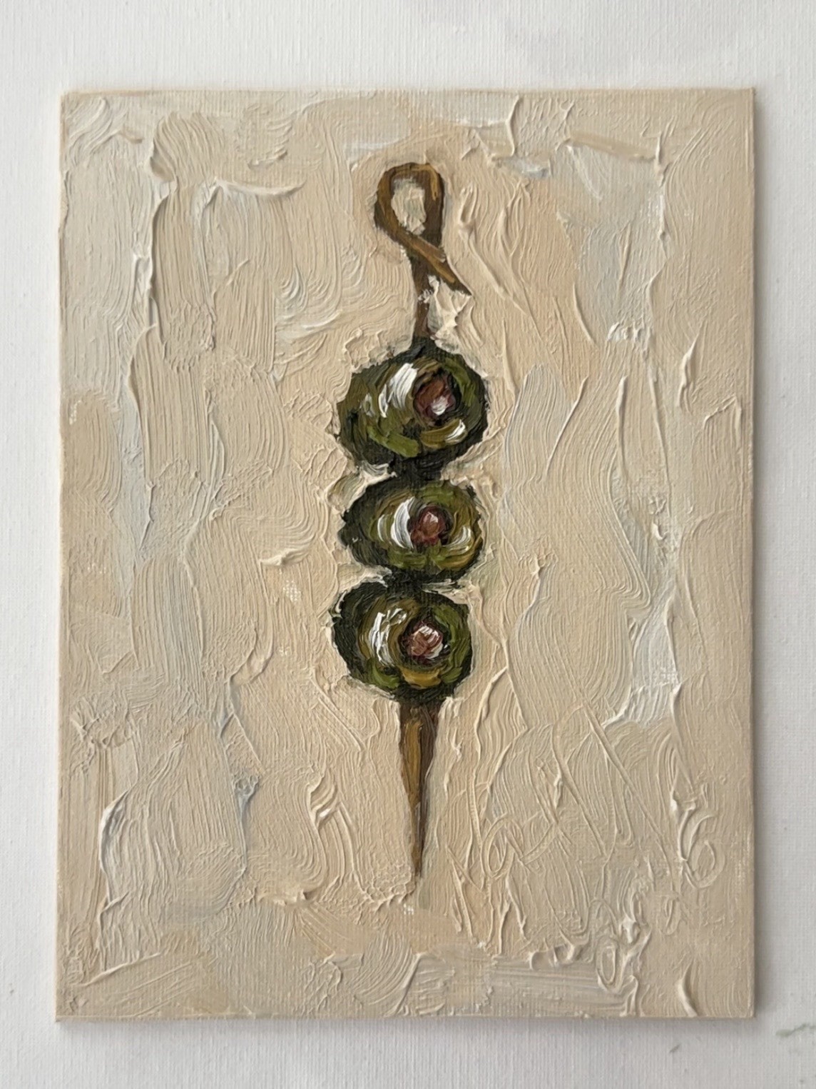 Green Olives on Skewer Original Abstract Oil Painting Small Bar Wall Decor
