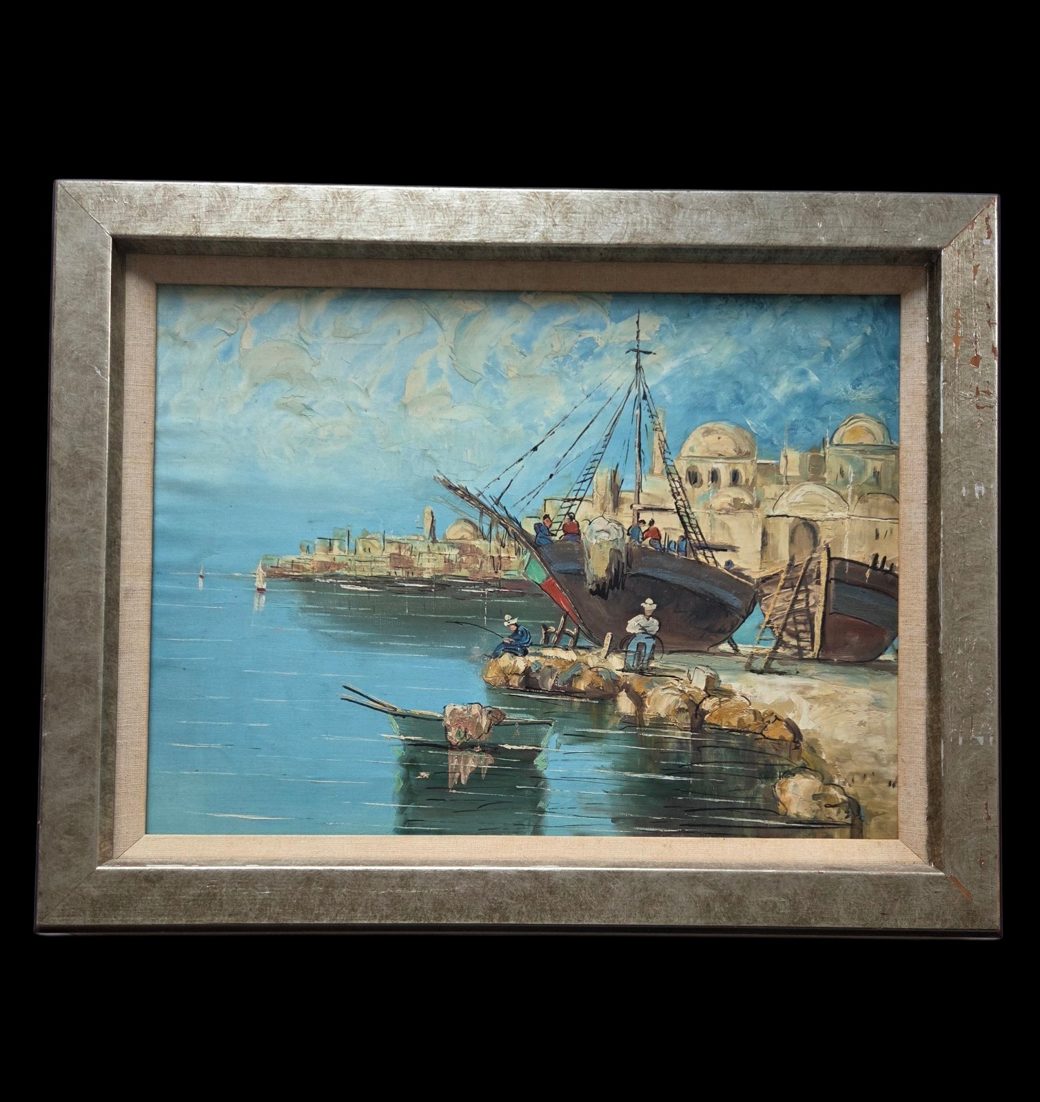 Oil Painting Vintage Original C. 1939 Impressionist Italy Bay Scene Frame16×20in