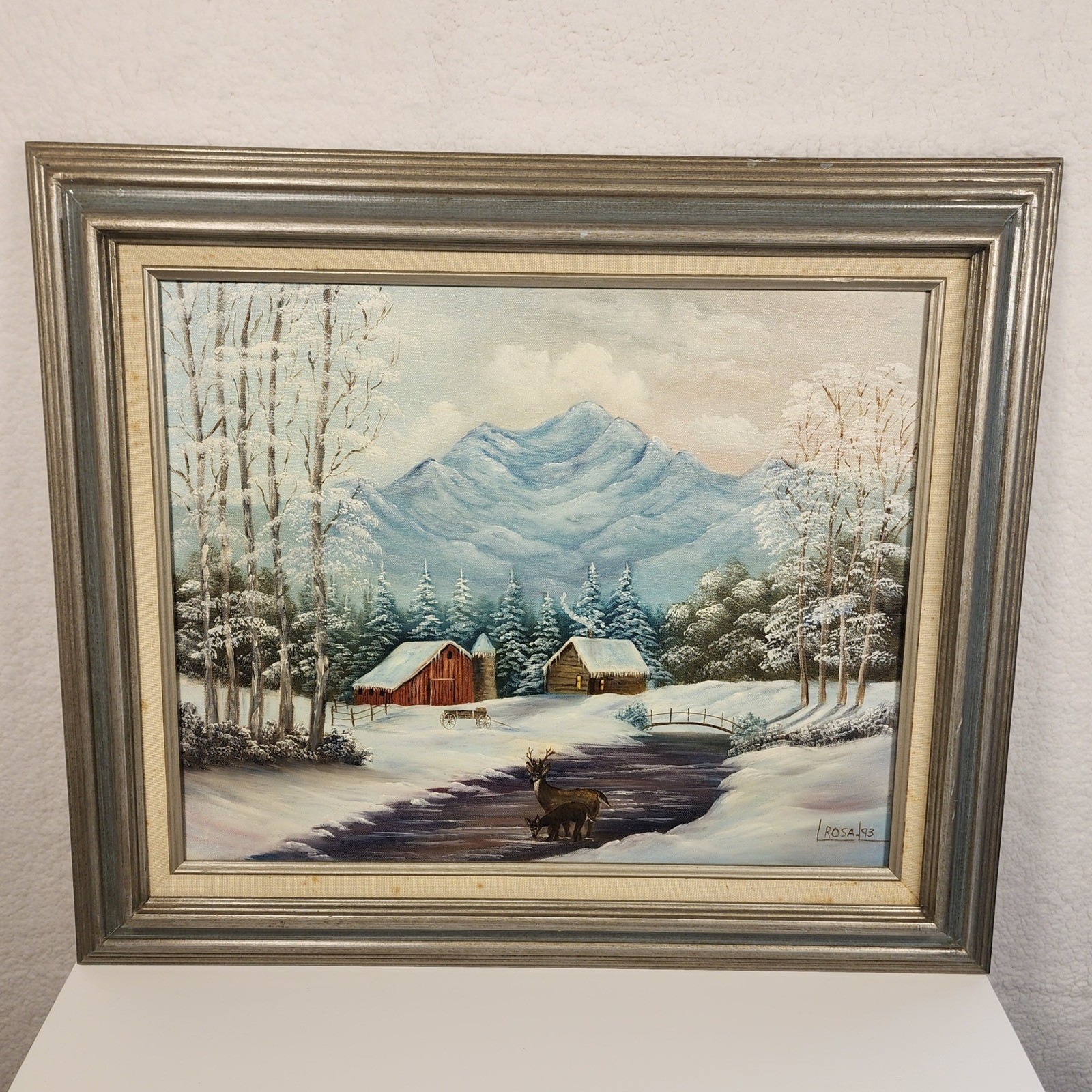 Rosa 1993 Winter Scene Framed Acrylic Painting Red Cabin Barn Deer Snow