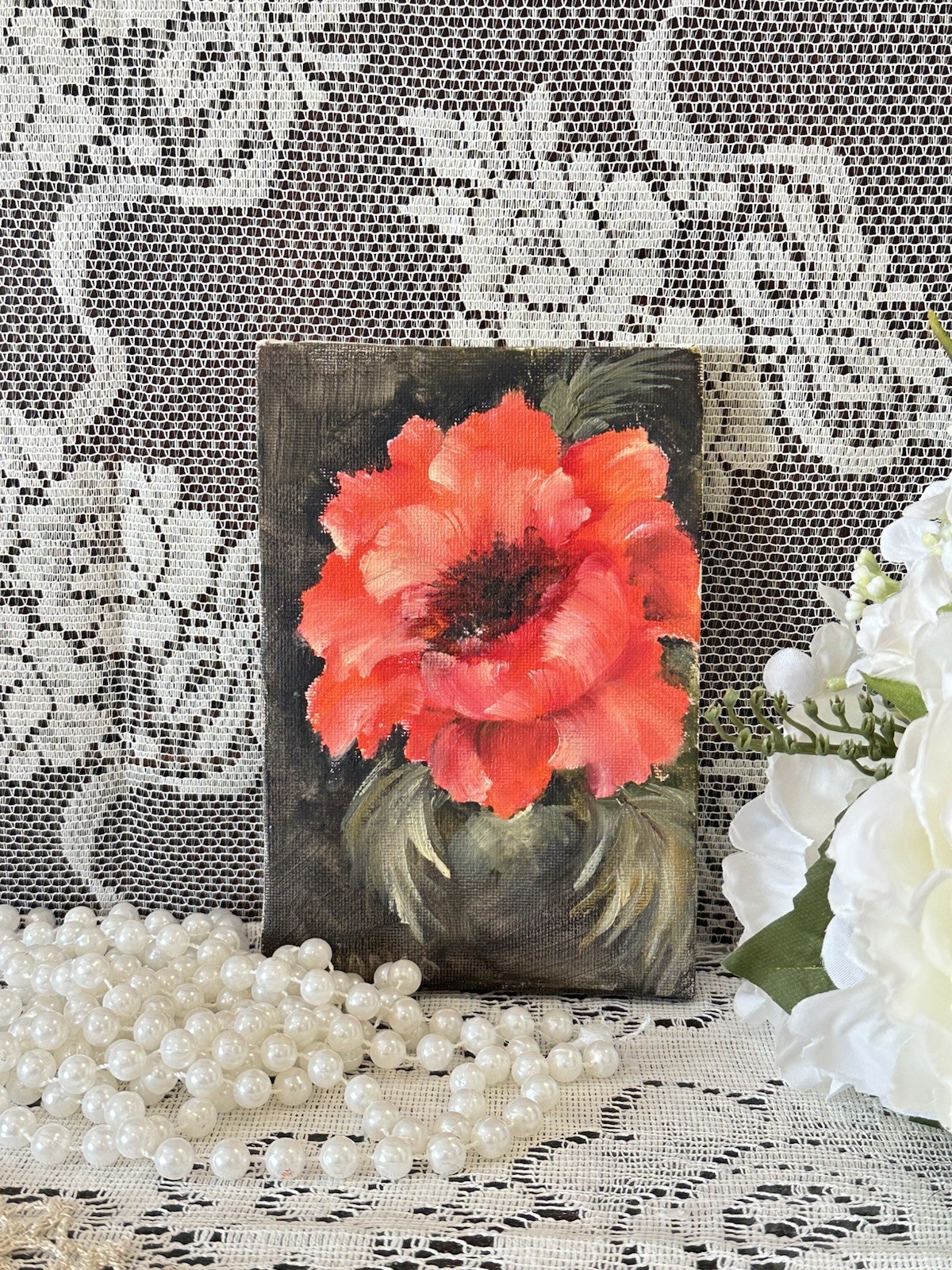 Orange Poppy Hand Painted 4 X 6 Stretched Canvas Black Background Signed