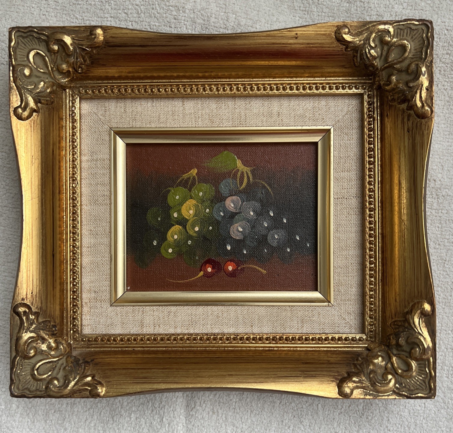 VTG Still Life Oil Board Painting 9×8 Ornate Gold Frame Fruit 7×6 Grapes Cherry