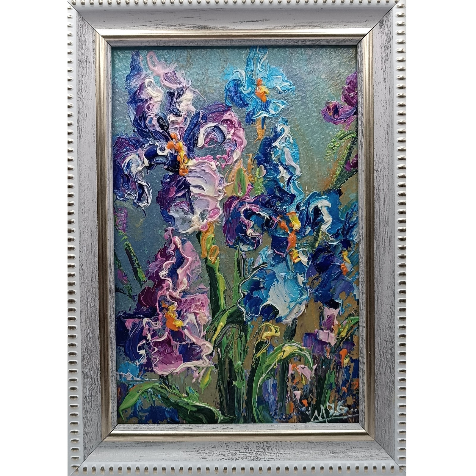 Original Irises Oil Painting Blue Purple Floral Framed Miniature Art 6×4
