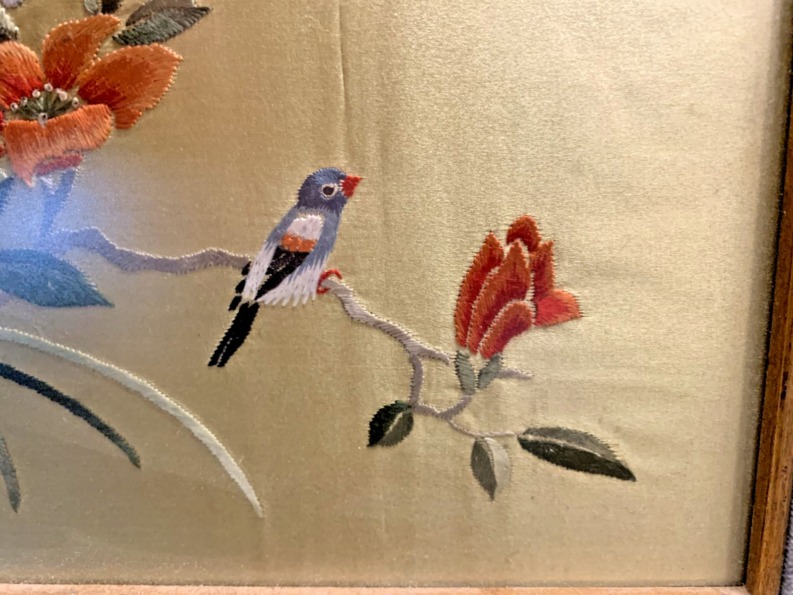 c1950 Delicate Vibrant Chinese Gold Silk Picture Joske’s label on back Framed TX