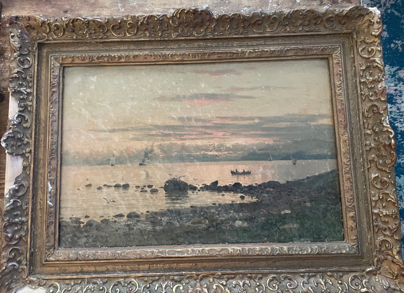 Gorgeous OIL PAINTING Canvas Lake Sunset Boats sailboat Row ARTIST SIGNED