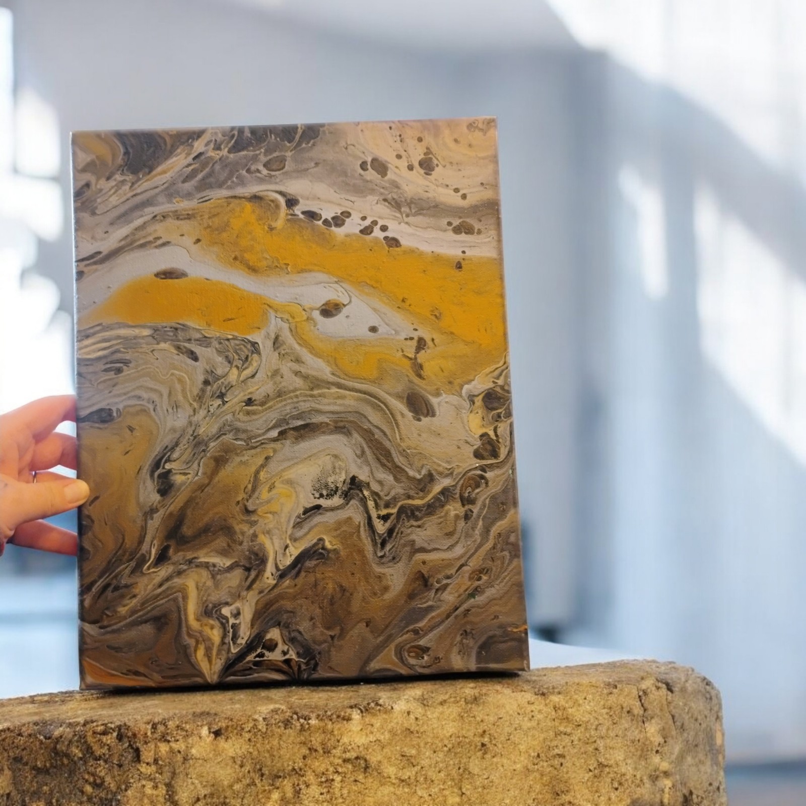 Abstract Yellow Gray Brown Small Unframed Canvas Painting Single Piece Art