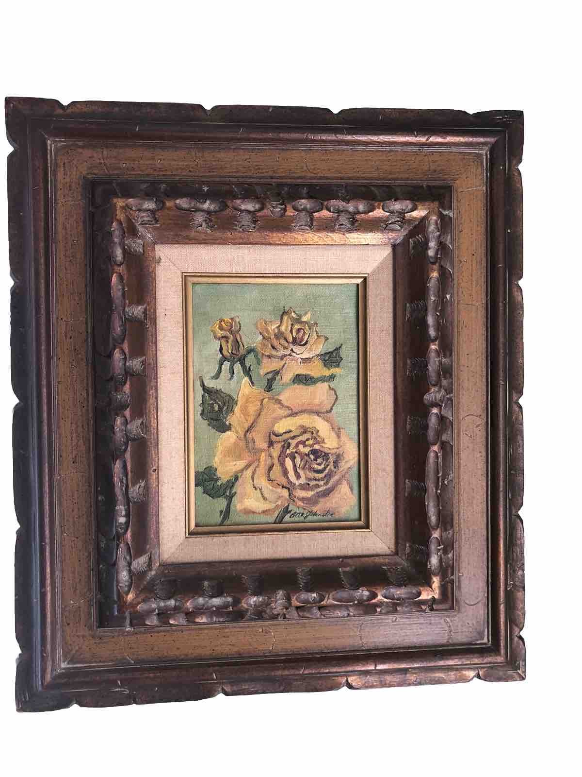 Vtg Yellow Rose Painting In Wood Frame Gold Gilt Inlay Signed Still Life Flowers