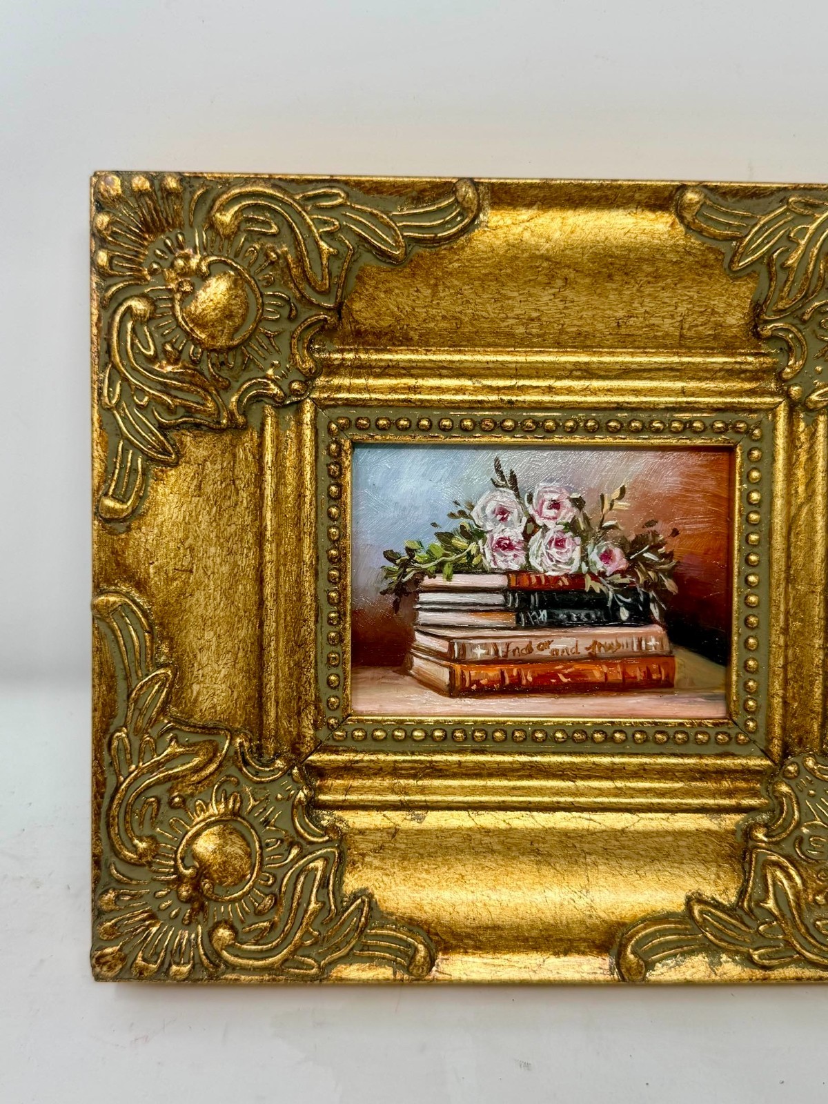 Vintage Mini Books and Flowers Still Life Painting Ornate Gold Frame