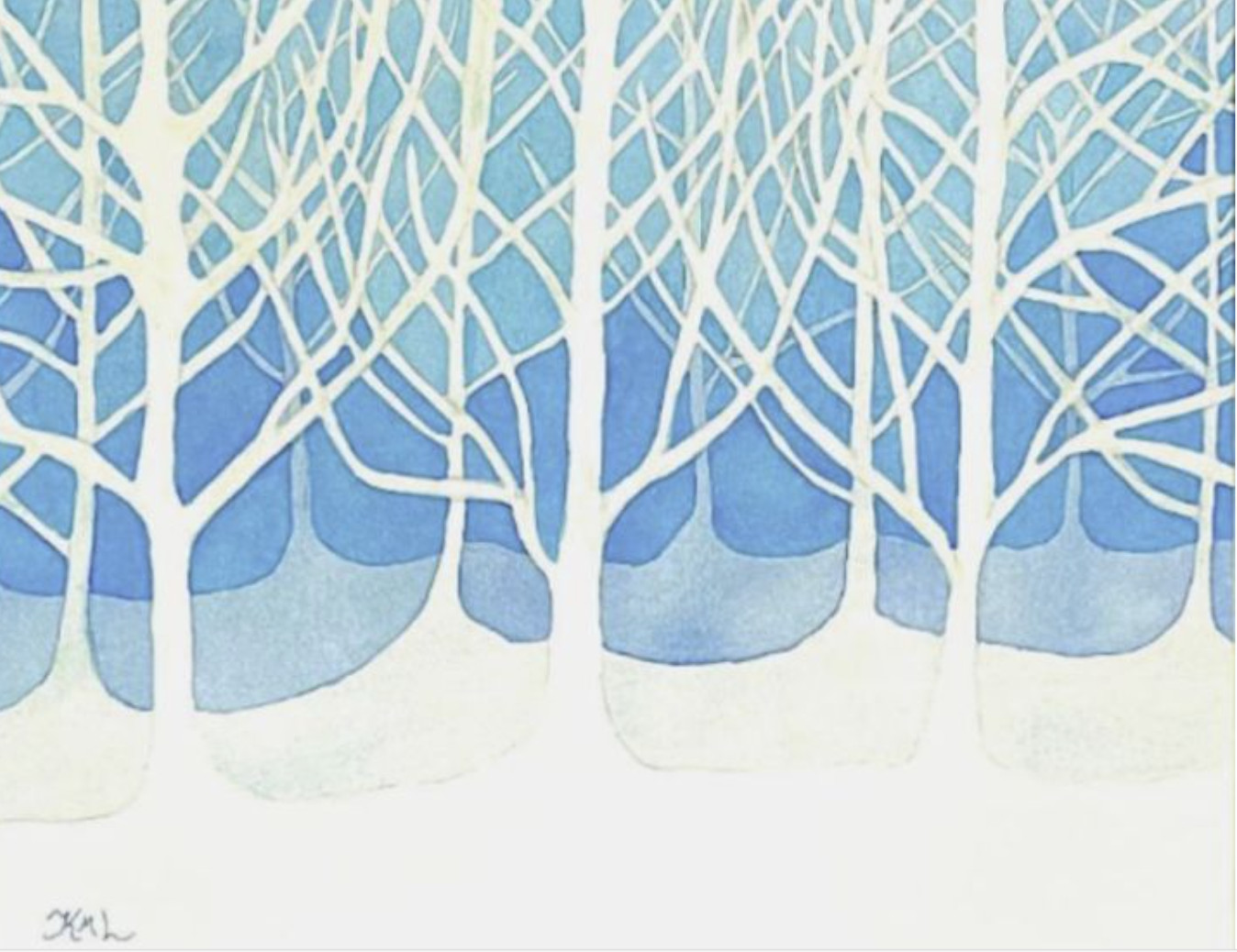 PAINTING WATERCOLOR 11X14 AND DOUBLE MAT 16X20 FOREST TREES BLUE WHITE WINTER
