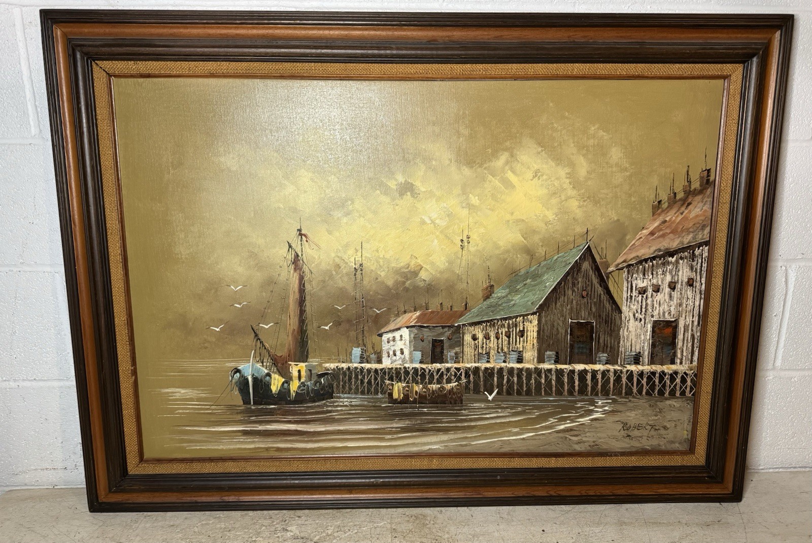 Vintage Oil On Canvas Painting Nautical Boat Seaside Port Scene Robert 31”x43”