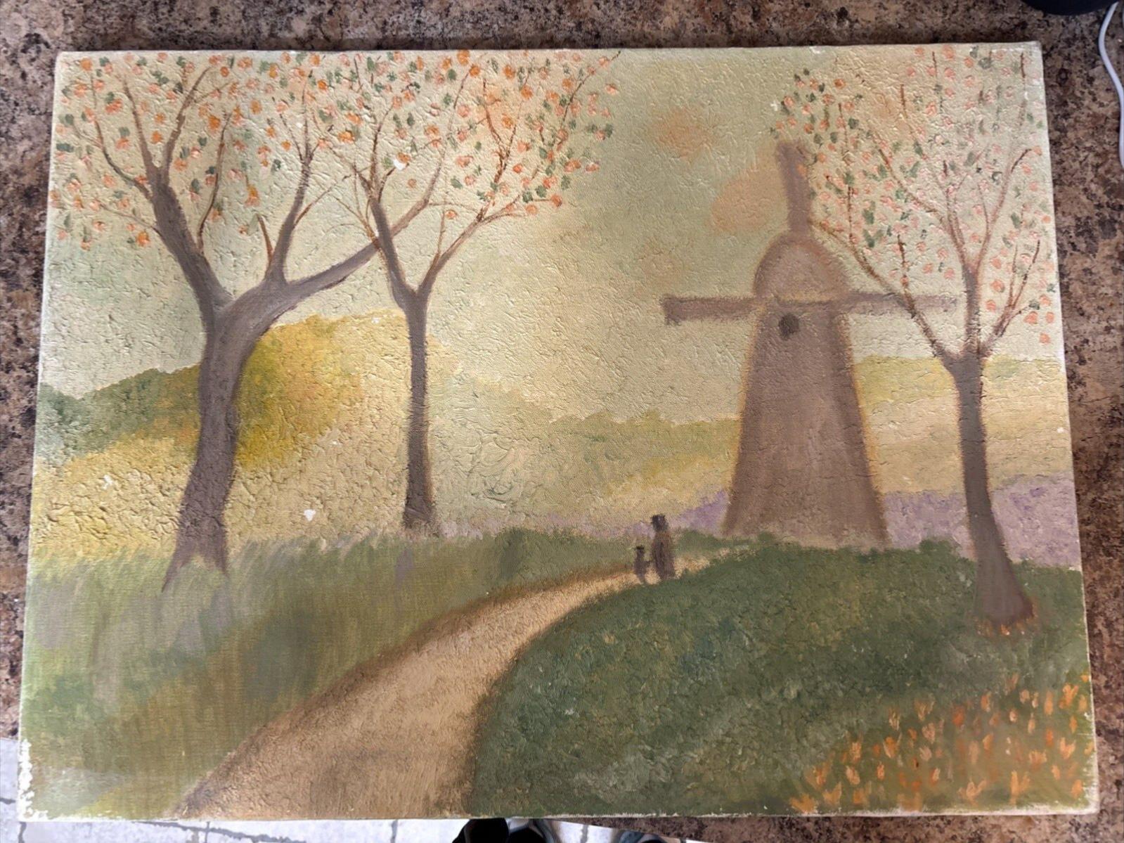 Vintage Windmill Landscape Textured Painting