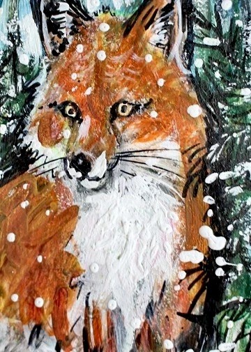 ORIGINAL ACEO Painting Red FOX Winter Snow Pine Tree Landscape Animal Nature ART