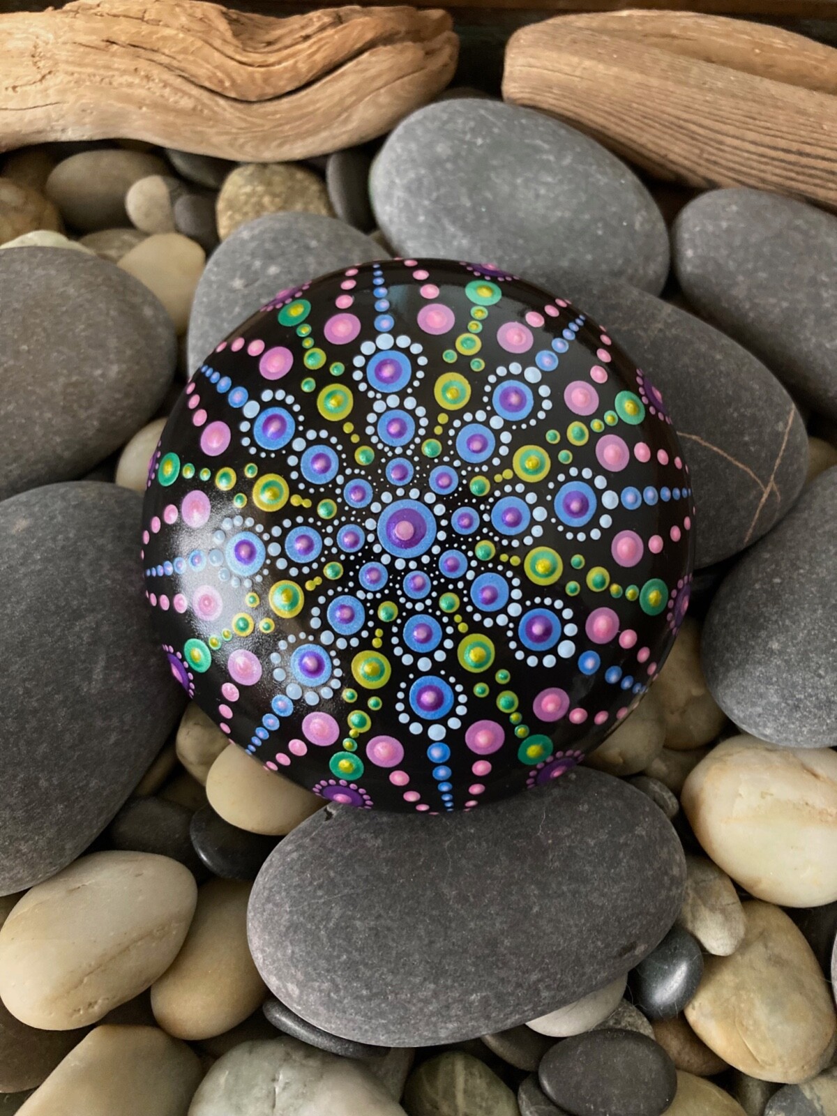 Large Mandala Dot Art Painted Rock Stone – Blue Green Pink