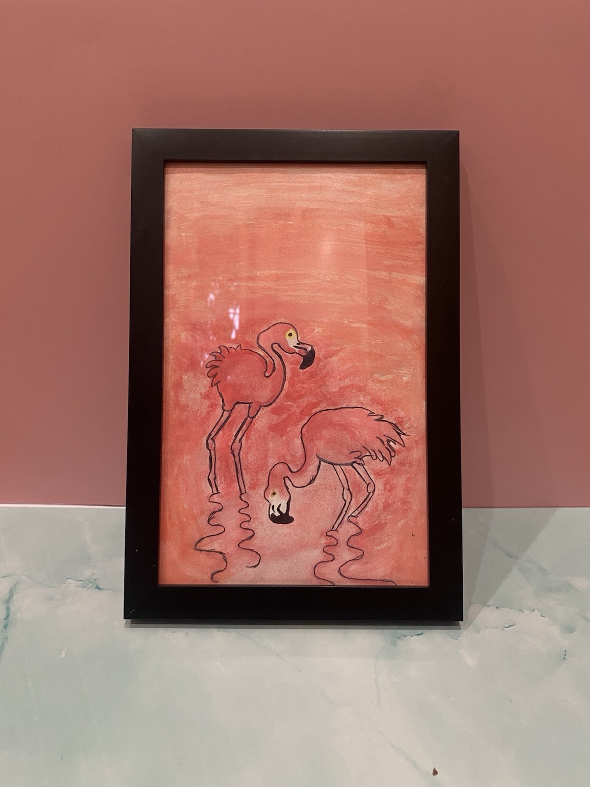 Handpainted Original Watercolor Flamingo Framed and Signed Anne W. 8”x10”