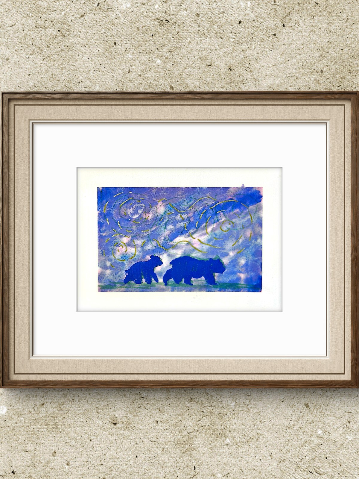 Two Bears In Northern Lights Original Abstract Contemporary 5×7 Paper Signed