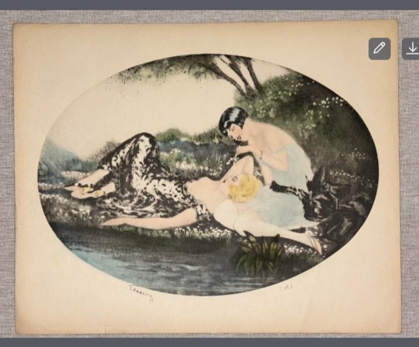 Original Art Deco Etching «Teasing» by Colé – Hand Colored Parisian Boudoir Art