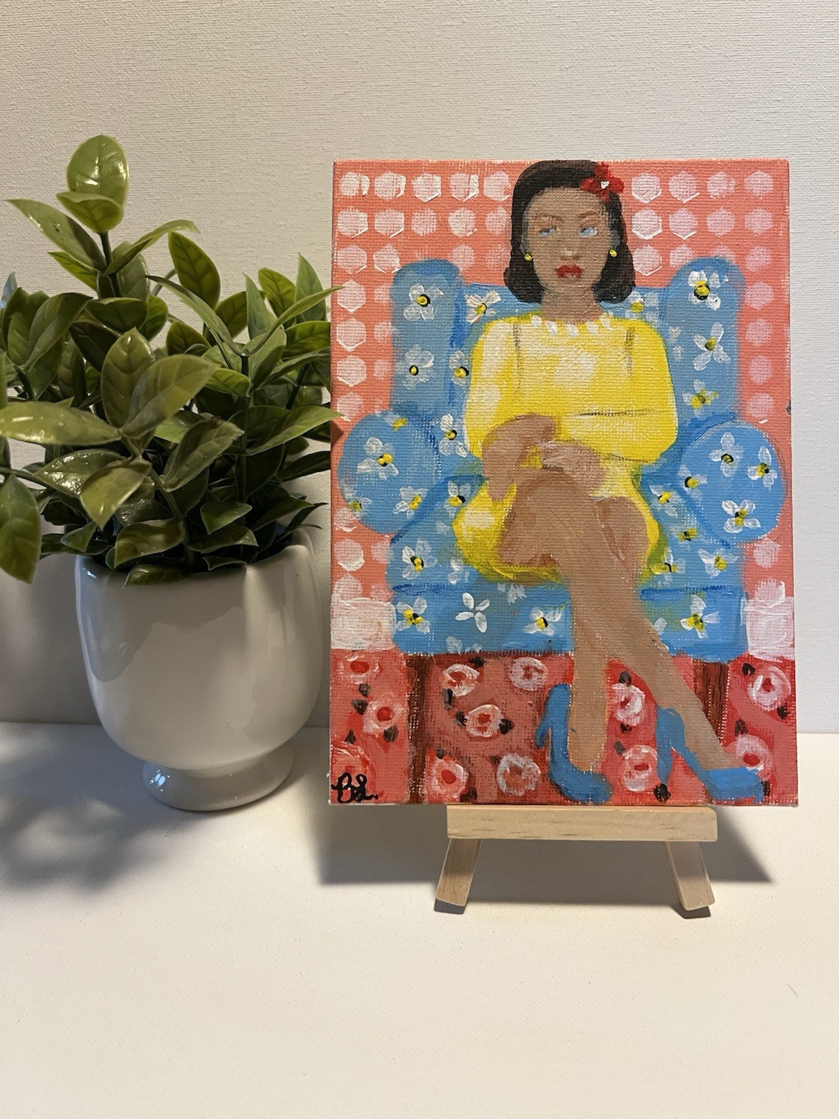 Abstract Girl in Chair Original Acrylic Painting on 5″ x 7″ Canvas Panel OOAK