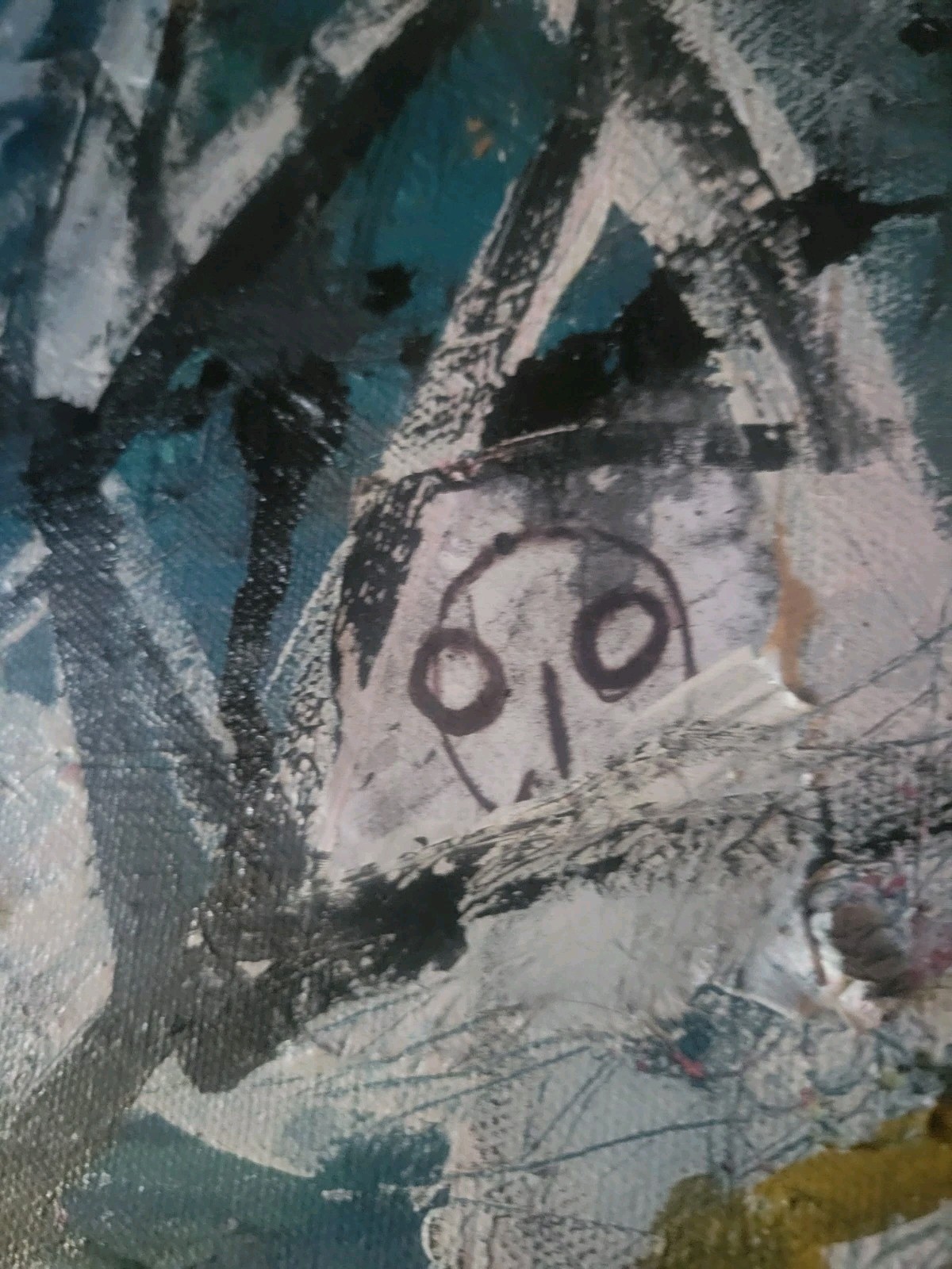 Unique Abstract Painting 2005 «Radio Hums In Blue Cycles» Canvas 21″ x 21″