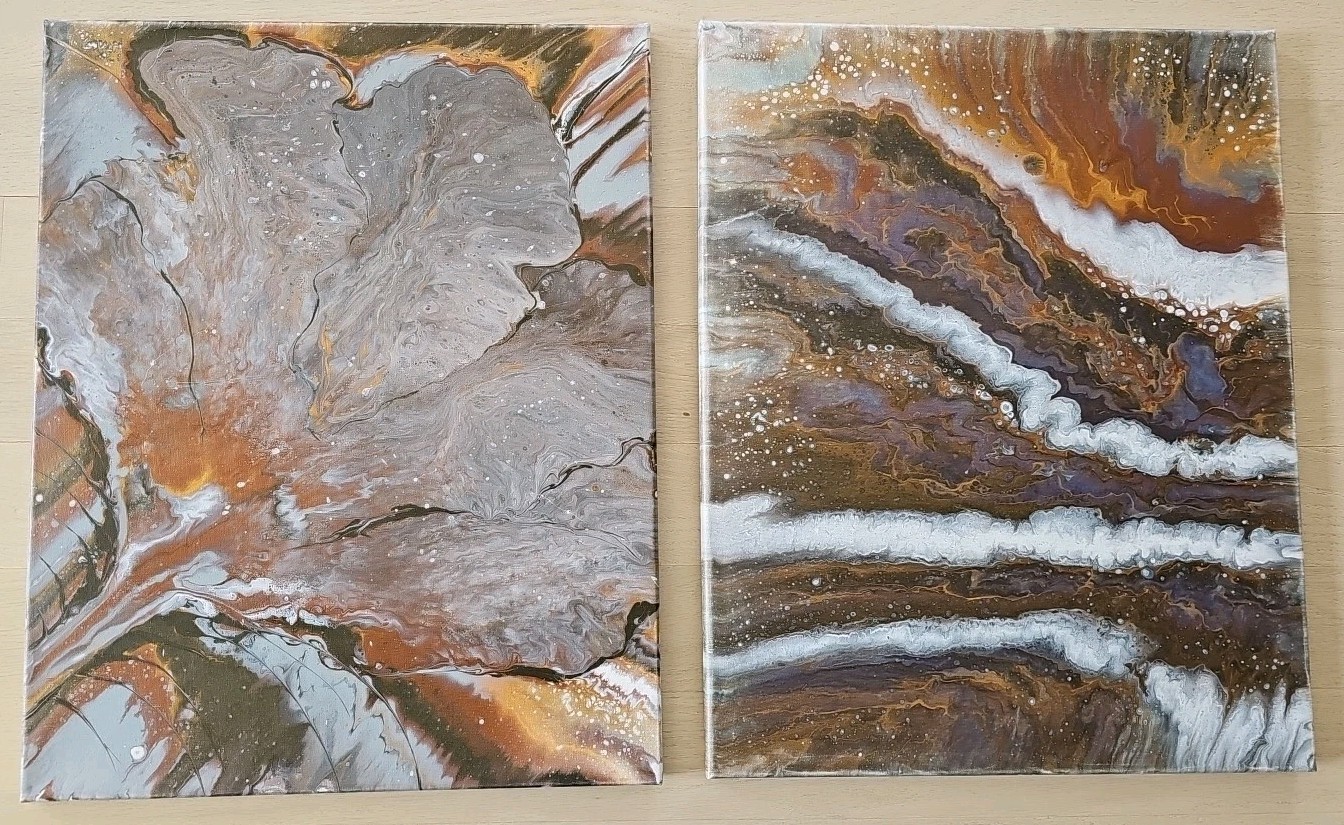 Set 2 Abstract Acrylic Pour Paintings Fluid Tide Canvas 20×16 each Grey Brown