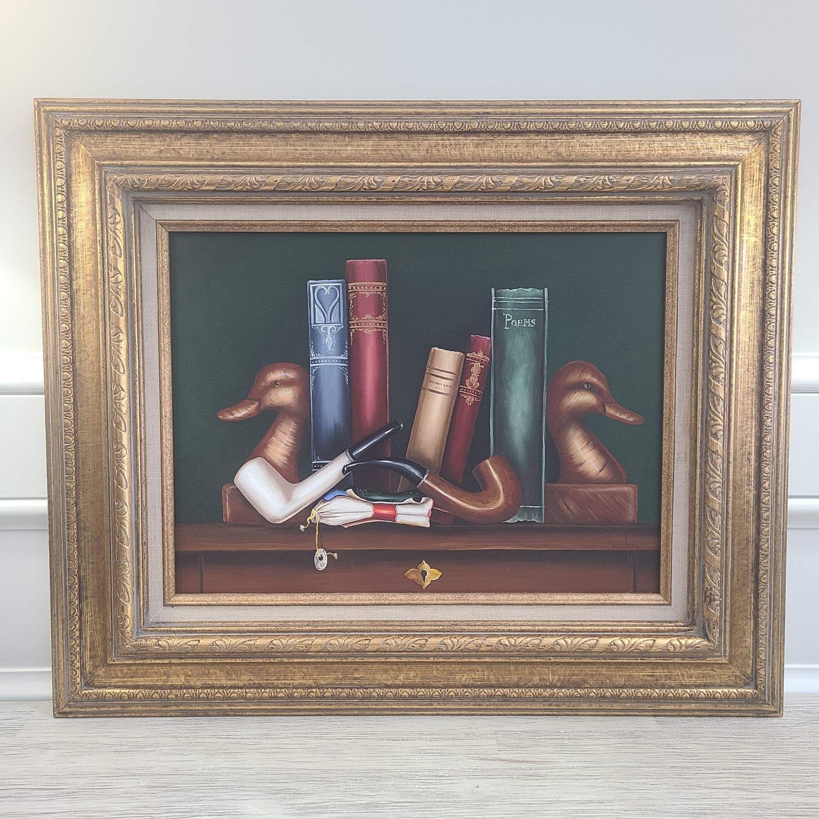 Vtg Library Oil Painting Duck Bookends Books Pipes Art Framed 12″x16″