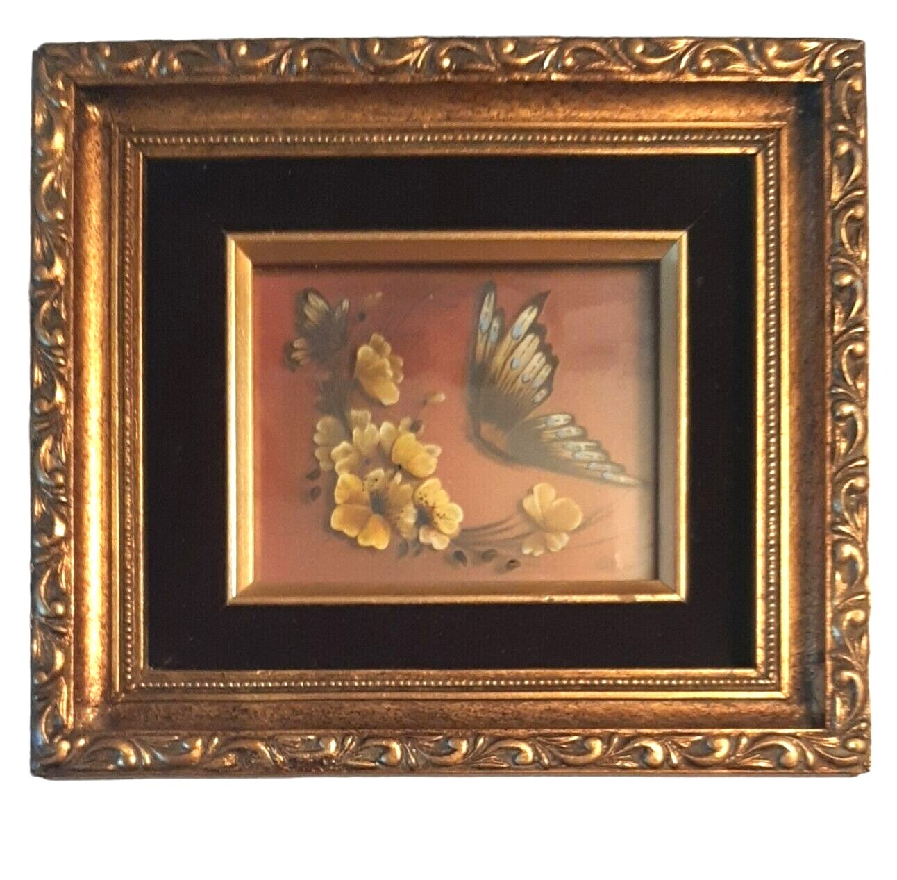Hand Painted Butterfly Flower Painting Reverse Glass 1982