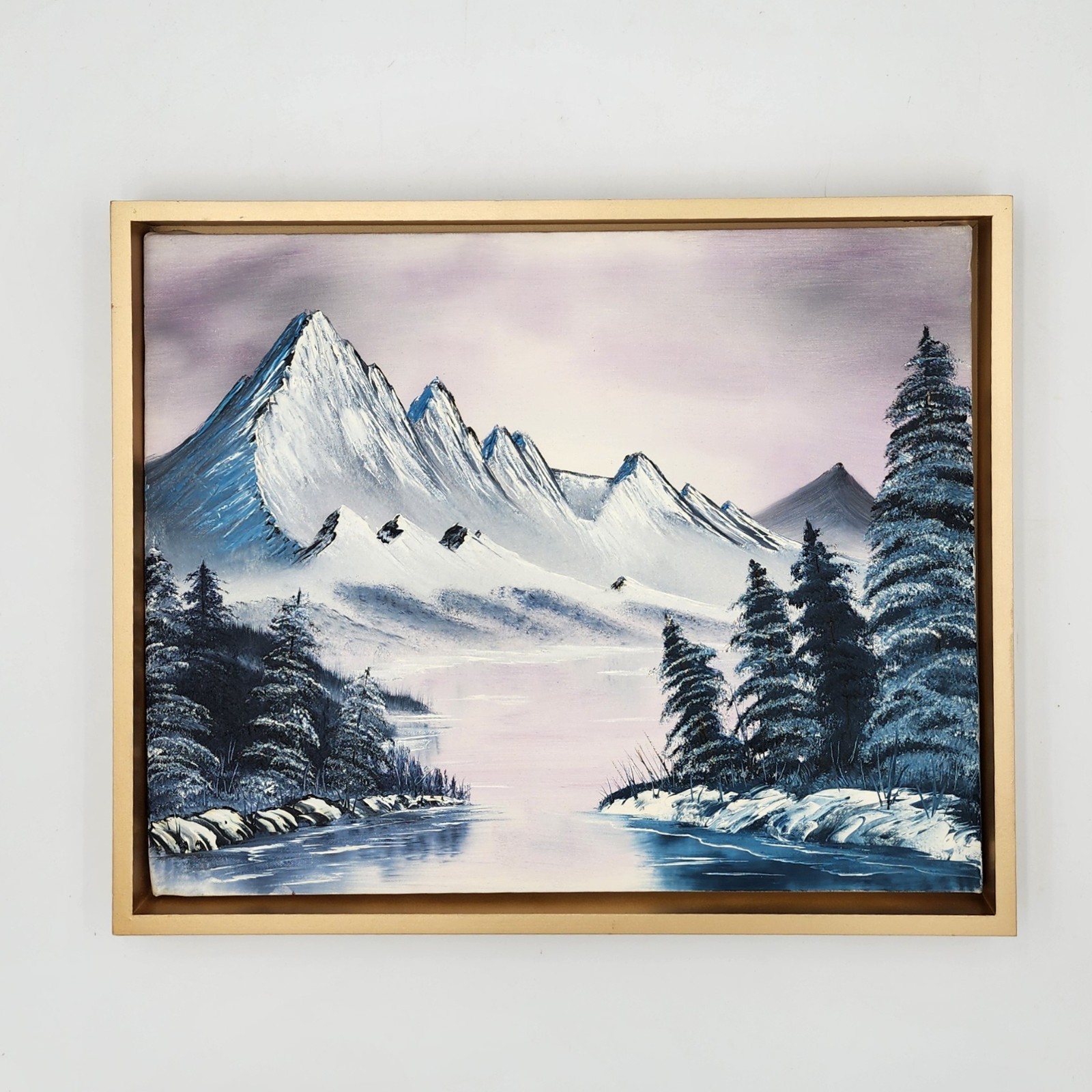Original Bob Ross Style Winter Landscape Oil Painting Mountain Scene 16×20 Frame