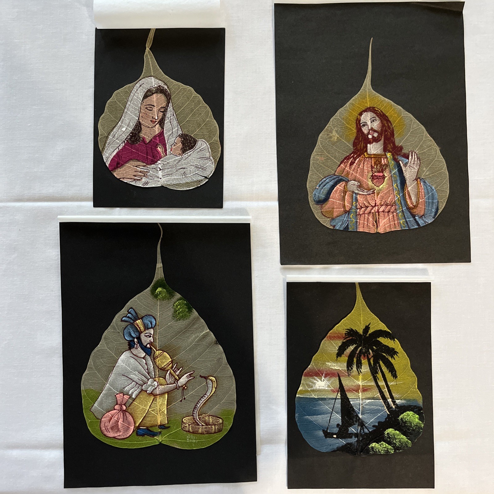 Vtg Set of 4 Vibrant Hand Painted Oil on Skeleton Pipal Tree Leafs India EUC