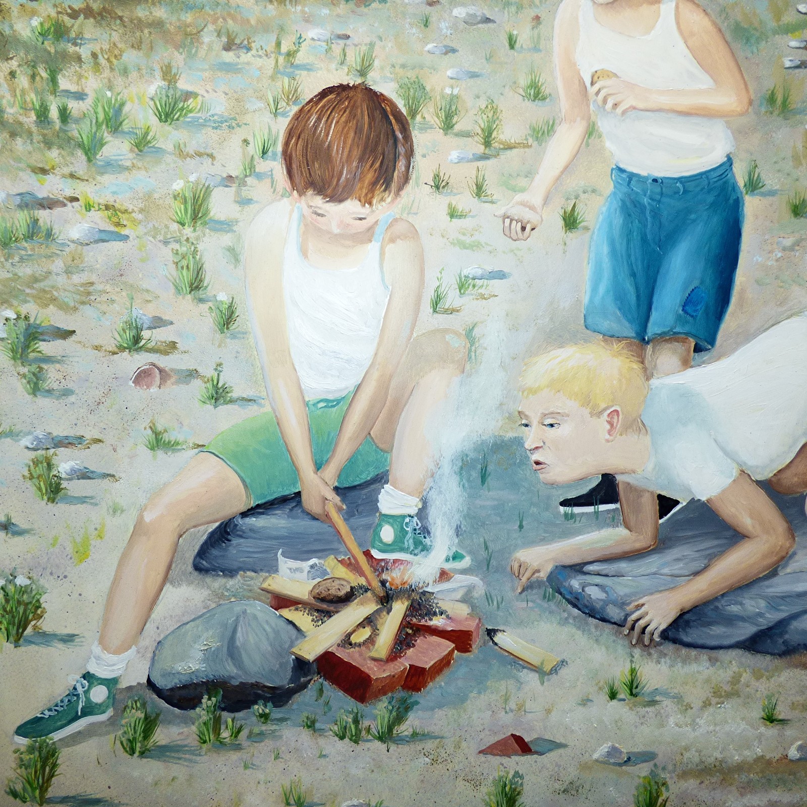 Large vintage depression era Bronx New York painting boys in slums Westchester