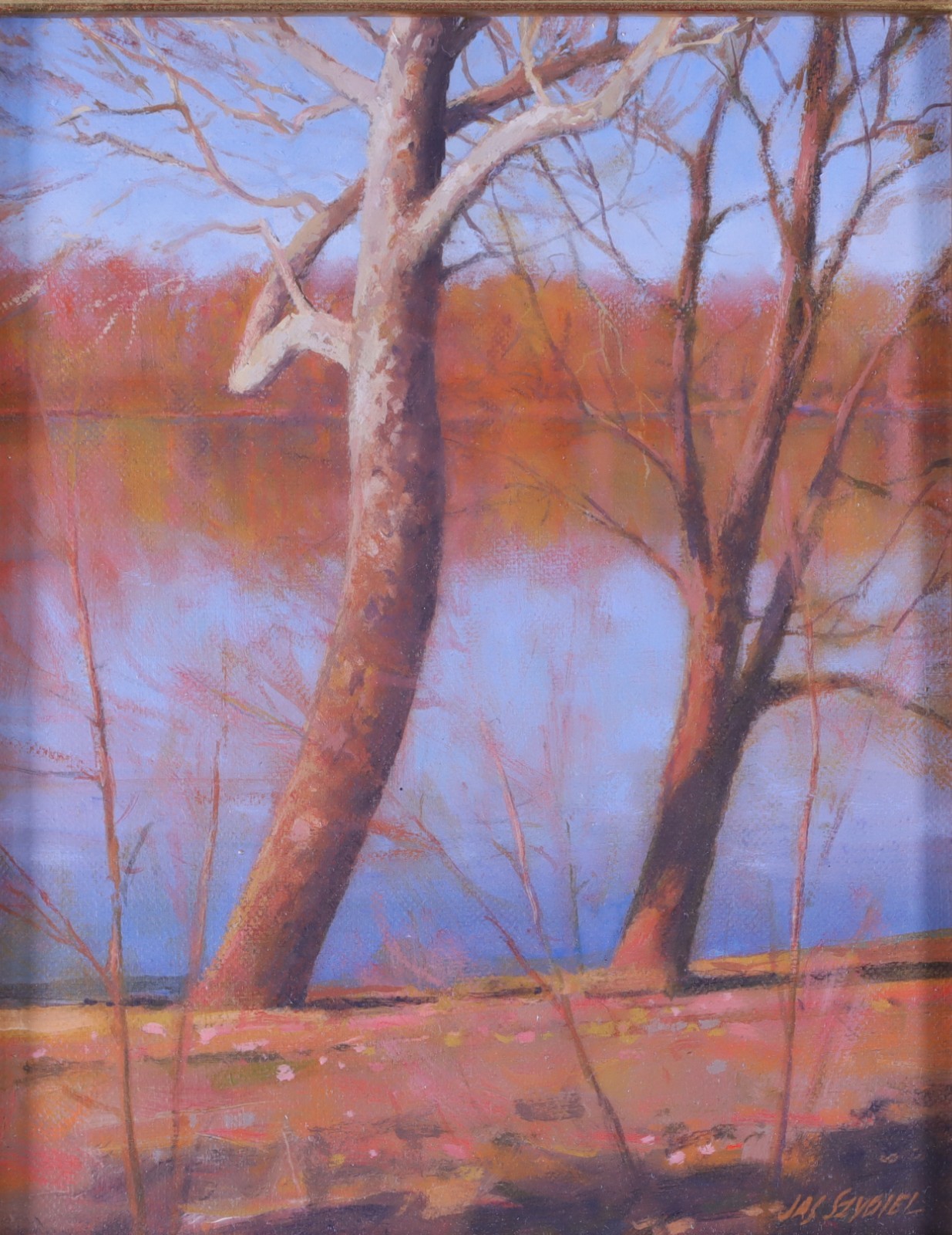 Jas Szygiel Impressionist Oil Painting Trees at Riverbank Signed Vintage Art