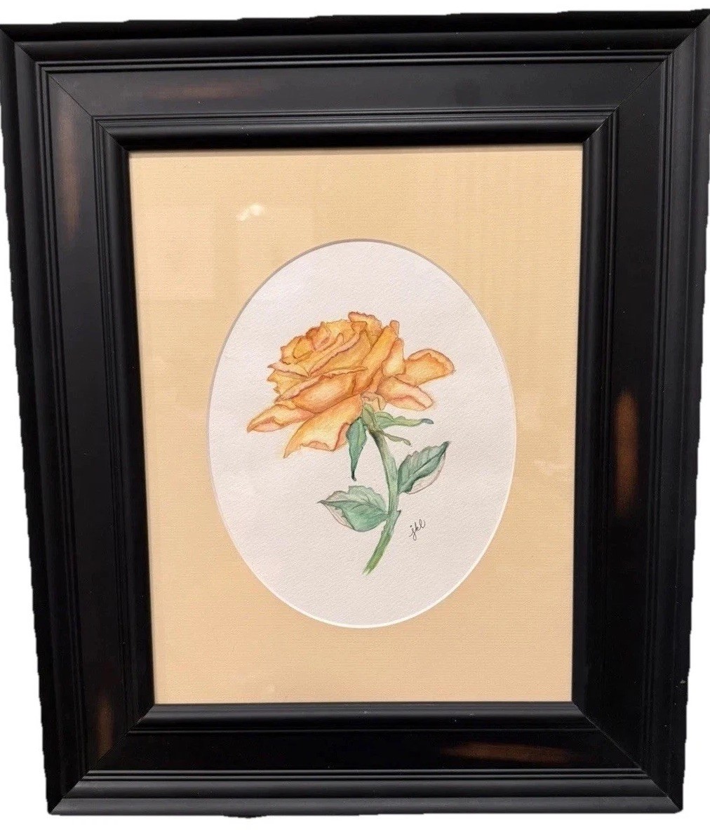 Watercolor Yellow Rose Wall Decor Signed By Artist JKL Framed 16×19”