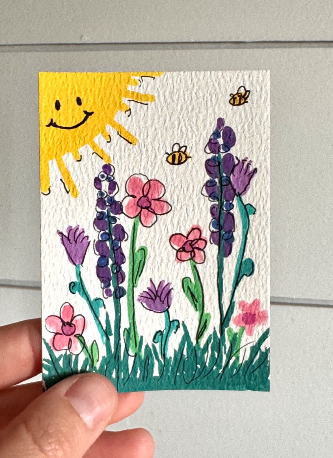 Original ACEO Spring Garden Flowers Bees Sunshine Miniature Painting