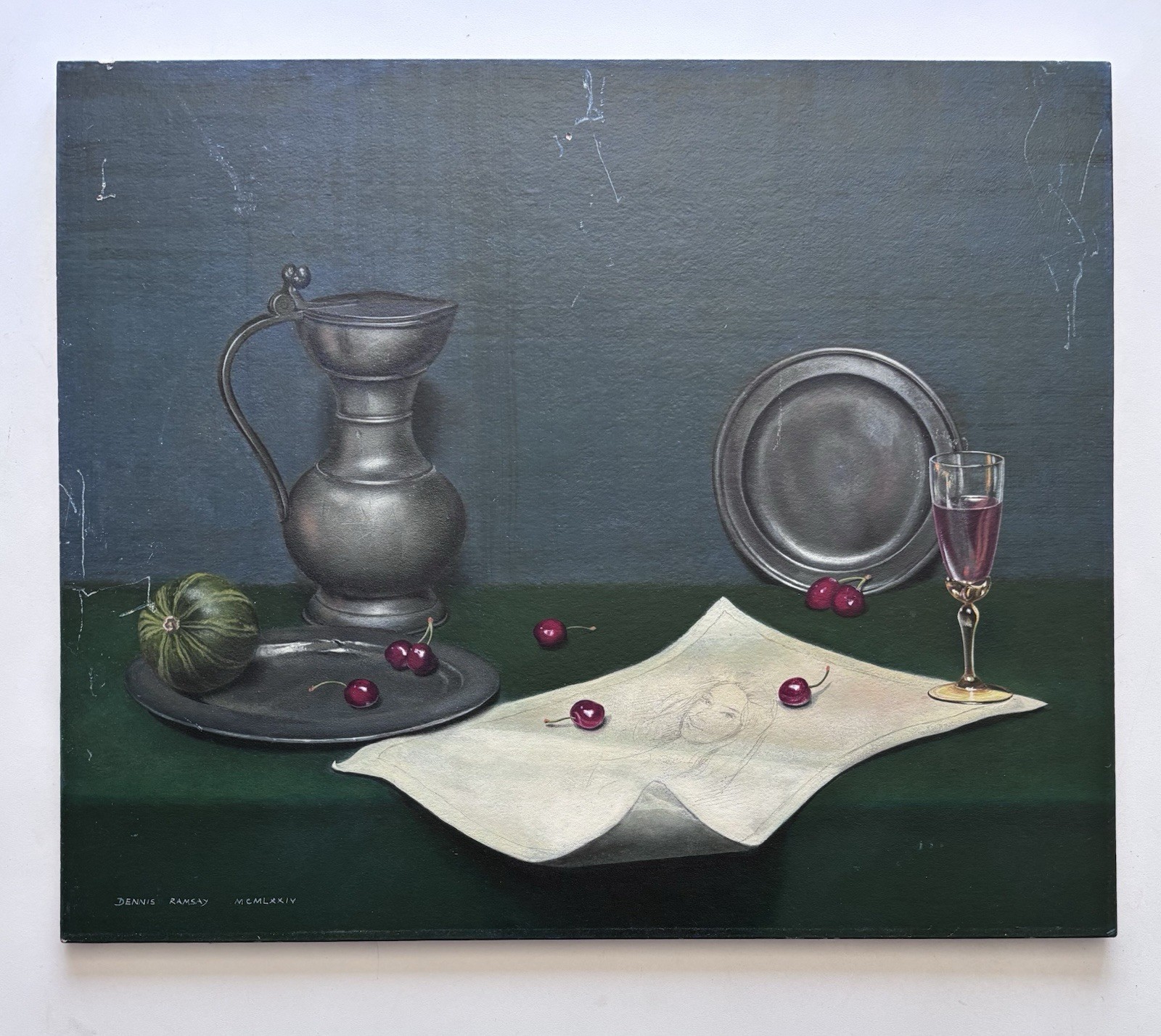 Dennis Ramsay 1974 Still Life Oil Painting Pewter Jug Cherries Drawing 20 X 24”