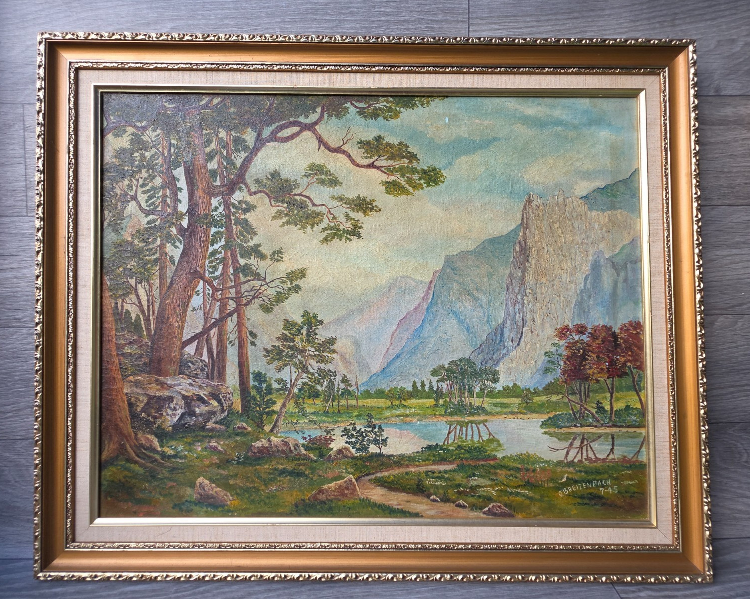 Vintage 1945 Yosemite Valley Oil Painting Heavy Tiered Gold Gallery Frame 32×26