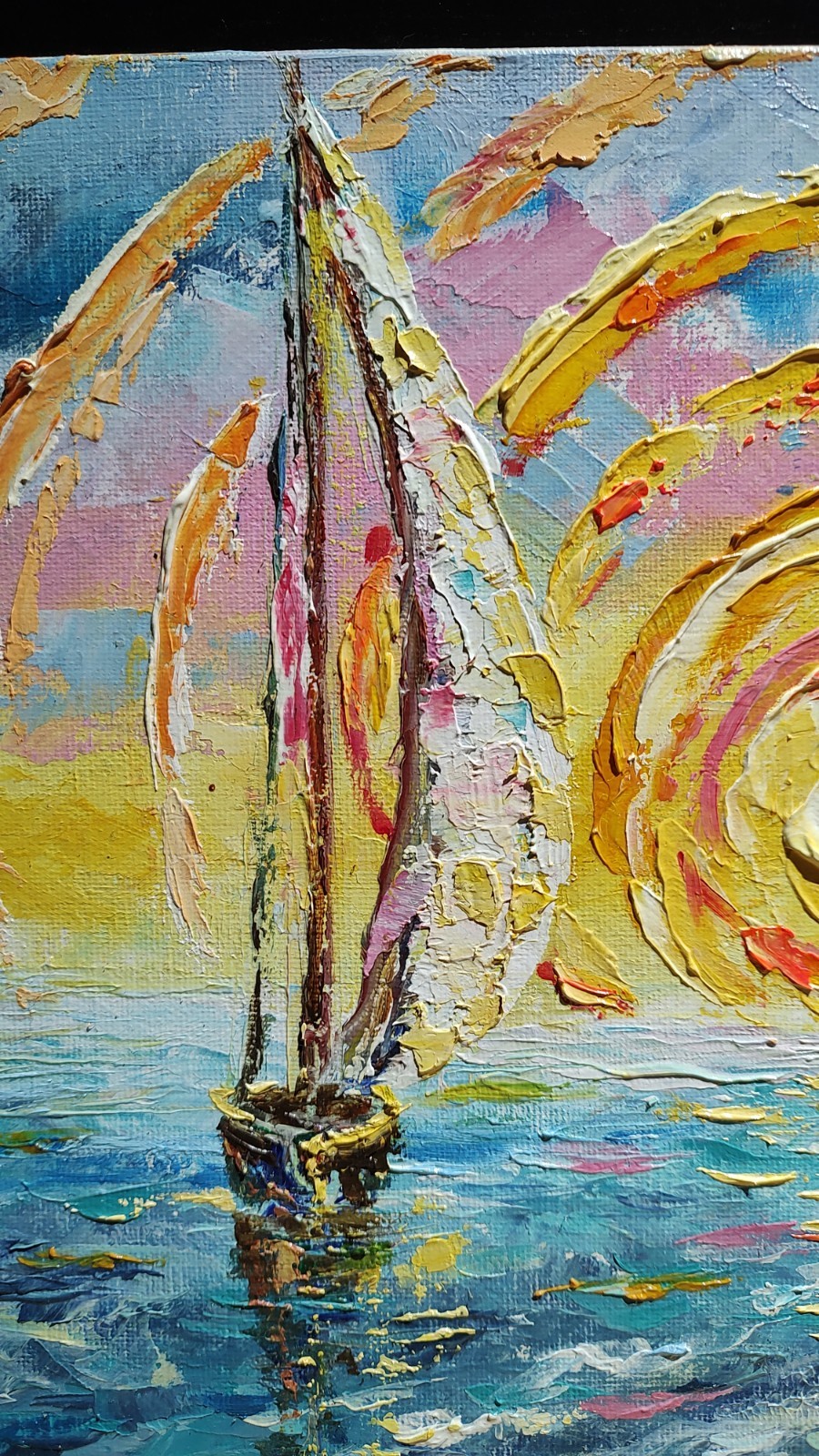 Sunset Sailboat colorful Original pallet knife oil painting 16″x12″ canvas panel