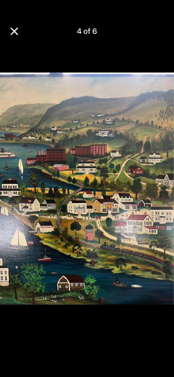 J.L. Munro Signed Framed Large Folk Art River Landscape Painting 1998