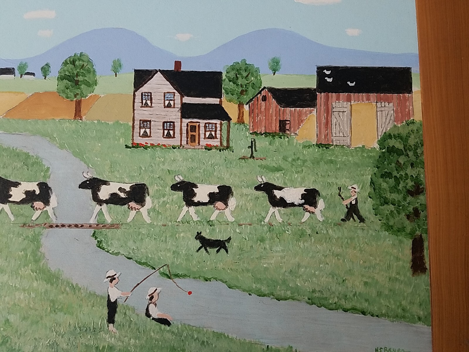 Harold Everett Bayer, Toldeo Ohio painting primitive folk farm landscape cows