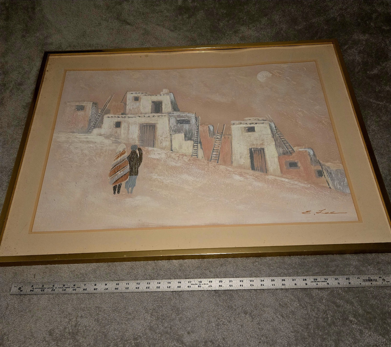 Original Southwestern Painting Signed E. LEE ADOBE PUEBLO DWELLINGS 30in X 36in