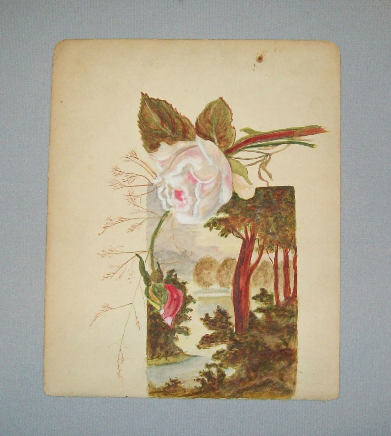 Antique Vtg 1800s Folk Art Hand Painted Watercolor Painting River Scene and Rose