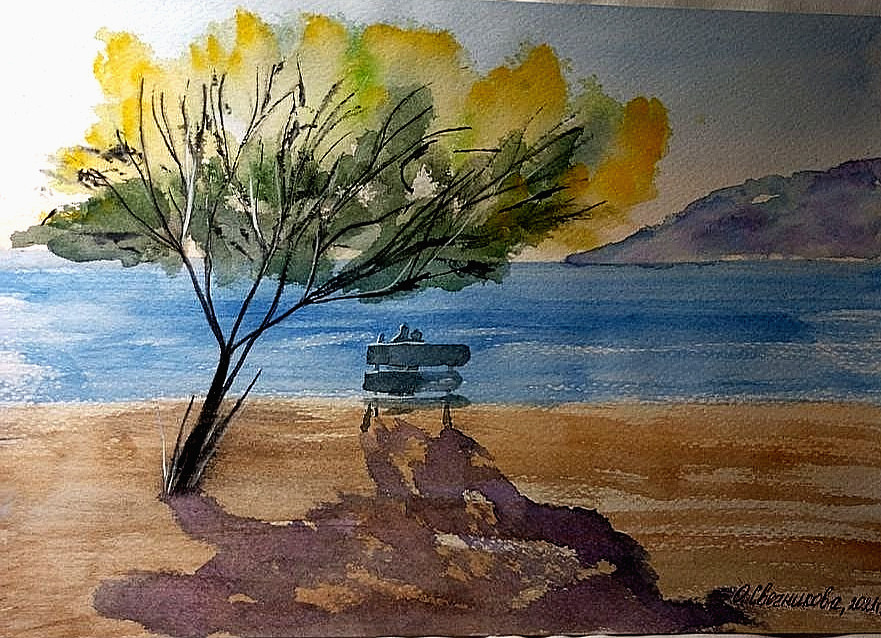 paintingOriginal watercolor seascape with a bench and a loving couple, sunny day