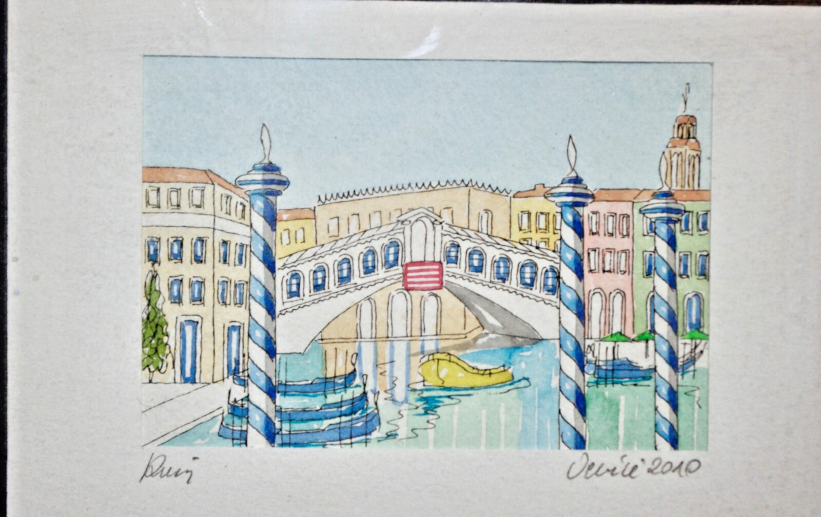 Original Watercolor- Signed Framed- Venice Italy- 2010 Piccola Rialto Bridge