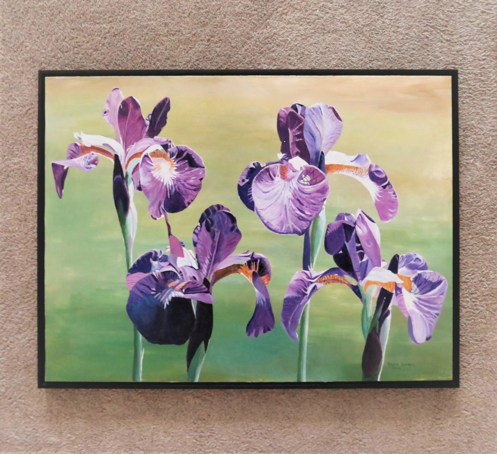 David Hamblen Photorealist Acrylic Still Life Painting of Purple Irises Flowers