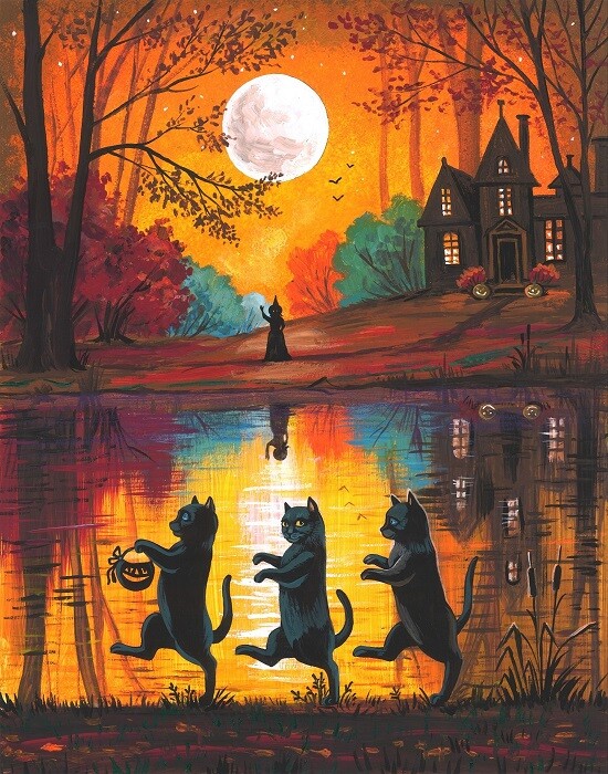 11×14 PRINT OF PAINTING BLACK CAT WITCH HALLOWEEN AUTUMN RYTA ART HAUNTED HOUSE